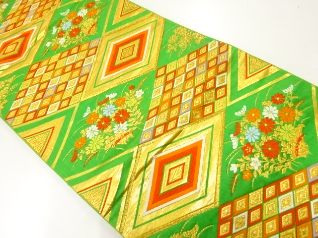 JAPANESE KIMONO / ANTIQUE FUKURO OBI / SILK / WOVEN RHOMBUS & AUTUMN PLANTS